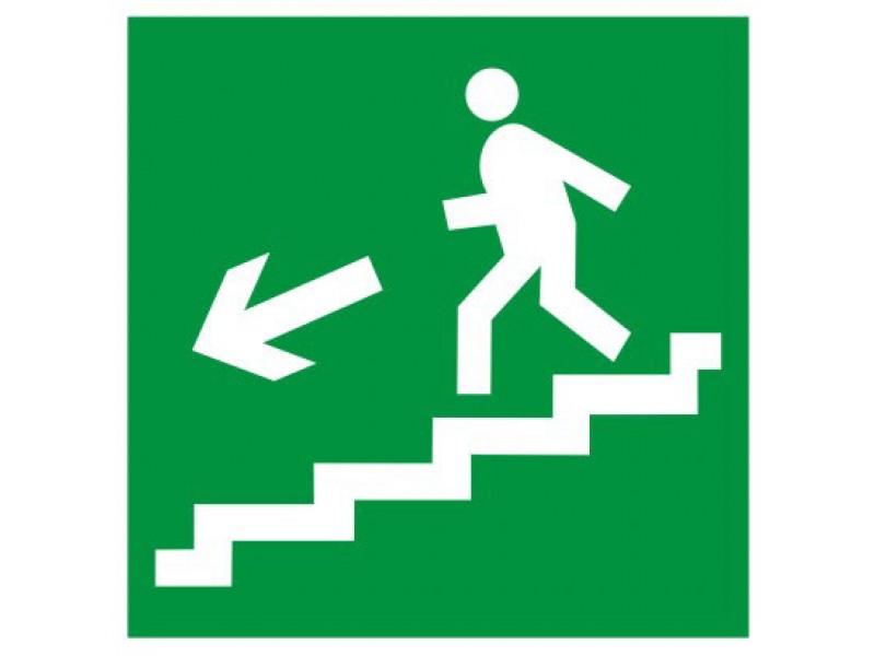 Знак безпеки Напрямок до евакуаційного виходу по сходах вниз ліворуч
