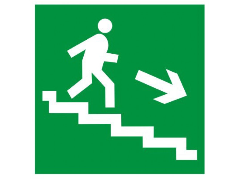 Знак безпеки Напрямок до евакуаційного виходу по сходах вниз праворуч