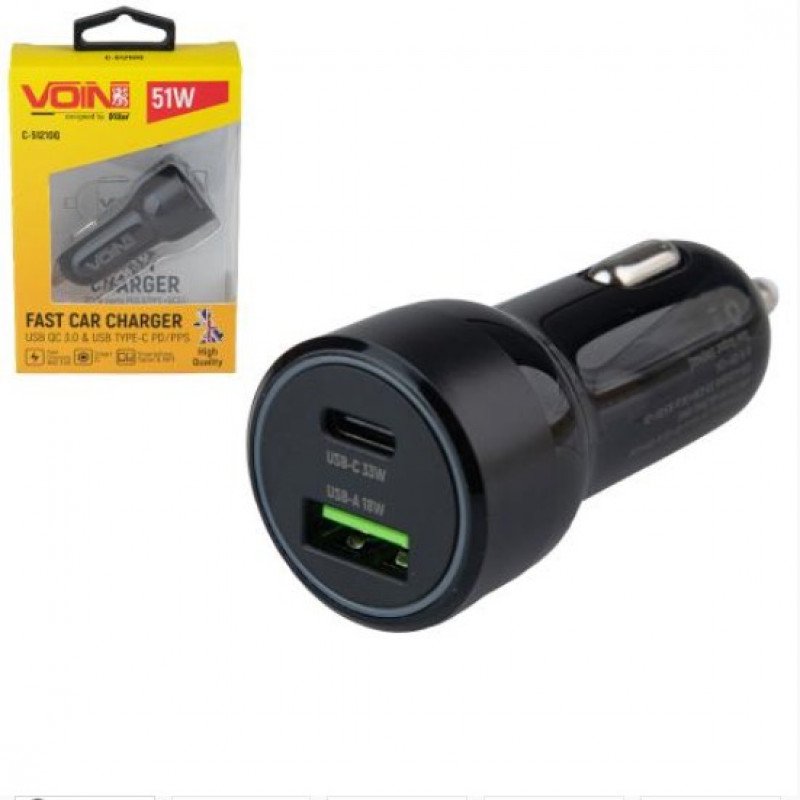 Автомобільний зарядний пристрій VOIN 51W, 1USB QC3.0 18W + 1PD 33W, 12/24V