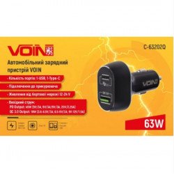Автомобильное зарядное устройство для VOIN 63W, 1USB QC3.0 18W + 1PD 45W, 12/24V