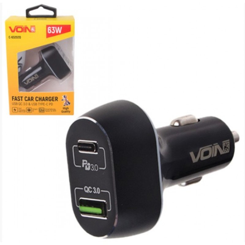 Автомобильное зарядное устройство для VOIN 63W, 1USB QC3.0 18W + 1PD 45W, 12/24V