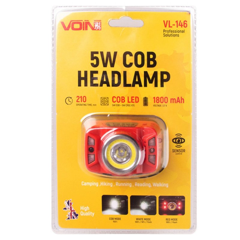 Фонарь налобный VOIN VL-146, 5W-COB+(W/R)+5W XPE/АКБ1800mAh/регул. наклона/сенсор Фонарь налобный VOIN VL-146, 5W-COB+(W/R)+5W XPE/АКБ1800mAh/регул. наклона/сенсор