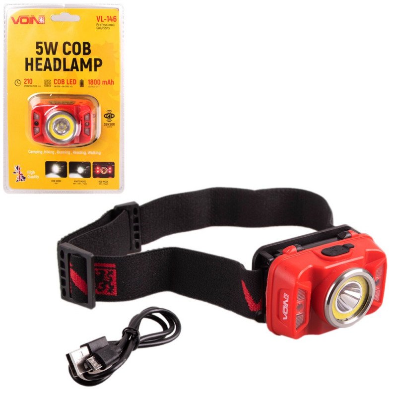 Фонарь налобный VOIN VL-146, 5W-COB+(W/R)+5W XPE/АКБ1800mAh/регул. наклона/сенсор Фонарь налобный VOIN VL-146, 5W-COB+(W/R)+5W XPE/АКБ1800mAh/регул. наклона/сенсор
