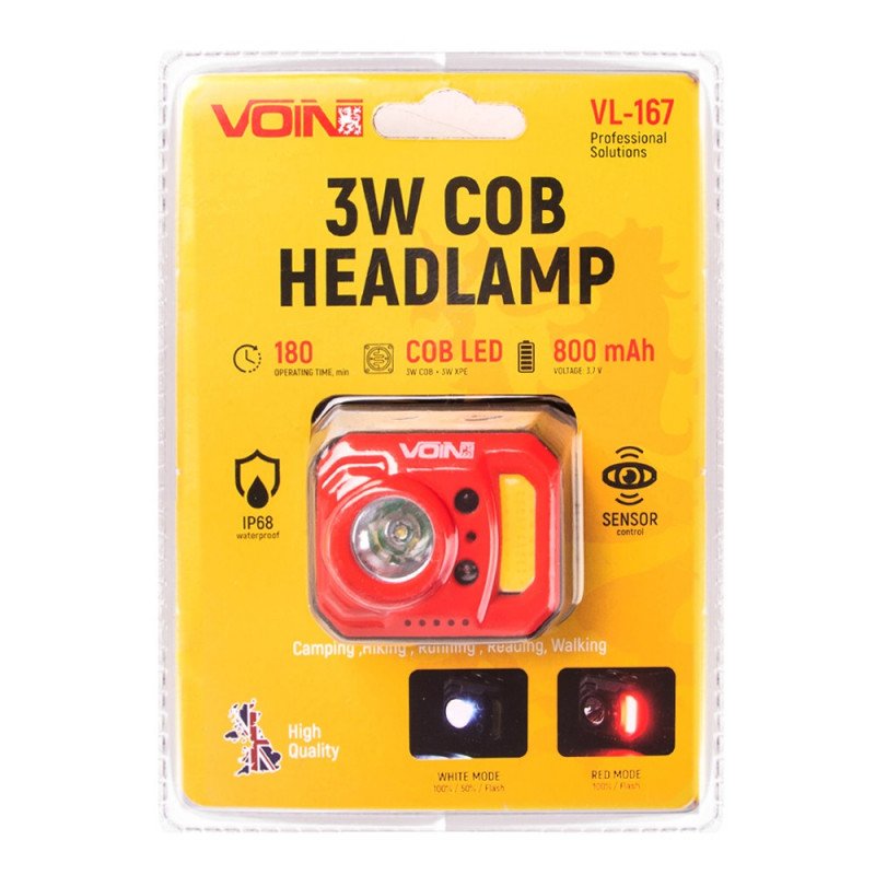Ліхтар налобний VOIN VL-167, 3W-COB (W/R)+3W XPE/АКБ800mAh/рег. нахилу/сенсор Ліхтар налобний VOIN VL-167, 3W-COB (W/R)+3W XPE/АКБ800mAh/рег. нахилу/сенсор