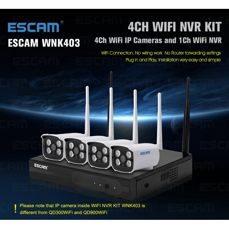 Комплект відеоспостереження ESCAM WNK403 4CH 720P Wireless NVR KITS EU