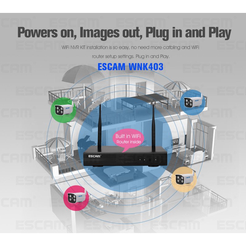 Комплект відеоспостереження ESCAM WNK403 4CH 720P Wireless NVR KITS EU