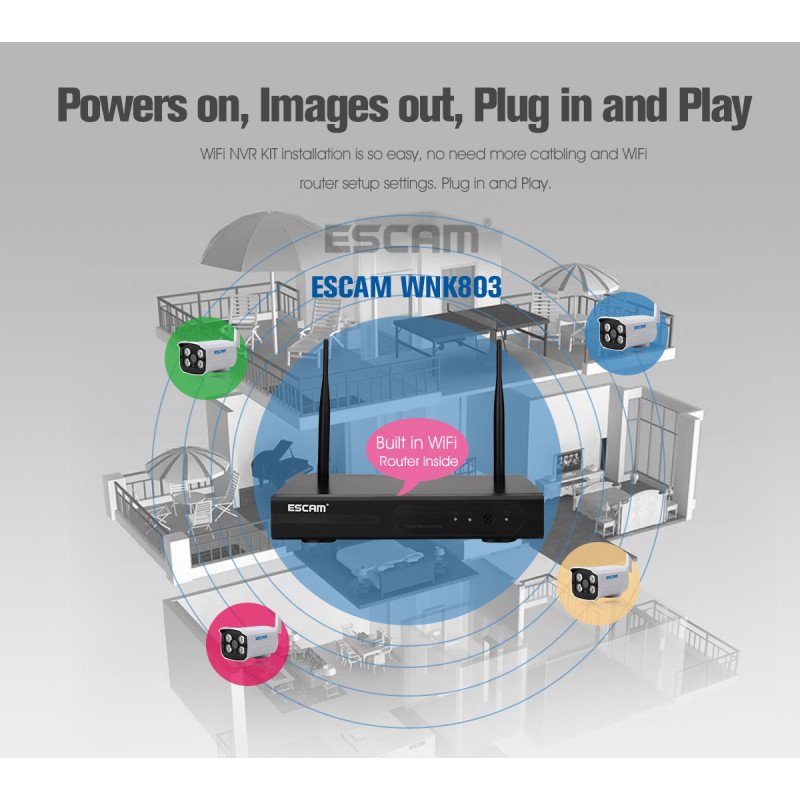 Комплект відеоспостереження ESCAM WNK803 8CH 720P Wireless NVR KITS EU