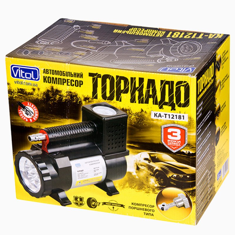 Компресор "Торнадо" КА-Т12220 150psi/15Amp/40л/ліхтар/прикур.+перехідник/шланг 3,0 м Компресор "Торнадо" КА-Т12220 150psi/15Amp/40л/ліхтар/прикур.+перехідник/шланг 3,0 м