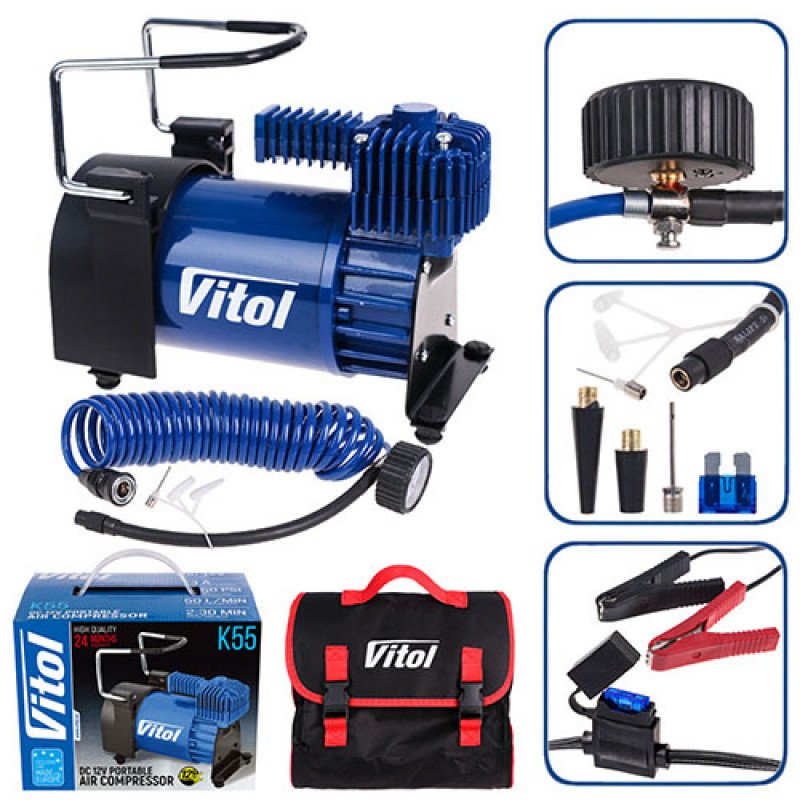 Компресор "ViTOL" К-55 150psi/23Amp/50л/шланг 5,0м з дефлятором/клеми/ Компресор "ViTOL" К-55 150psi/23Amp/50л/шланг 5,0м з дефлятором/клеми/