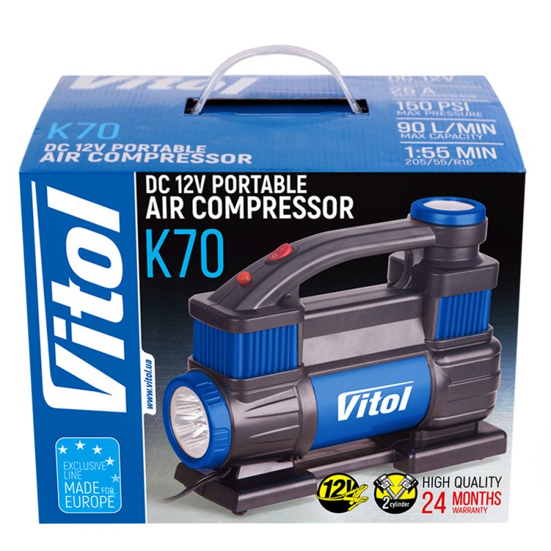 Компресор "ViTOL" К-70 150psi/25Amp/90л/2 циліндра/шланг 1,0+5,0м/клеми Компресор "ViTOL" К-70 150psi/25Amp/90л/2 циліндра/шланг 1,0+5,0м/клеми