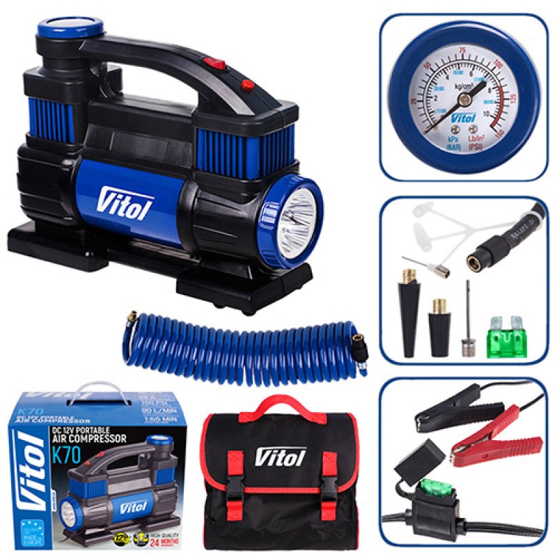 Компресор "ViTOL" К-70 150psi/25Amp/90л/2 циліндра/шланг 1,0+5,0м/клеми Компресор "ViTOL" К-70 150psi/25Amp/90л/2 циліндра/шланг 1,0+5,0м/клеми