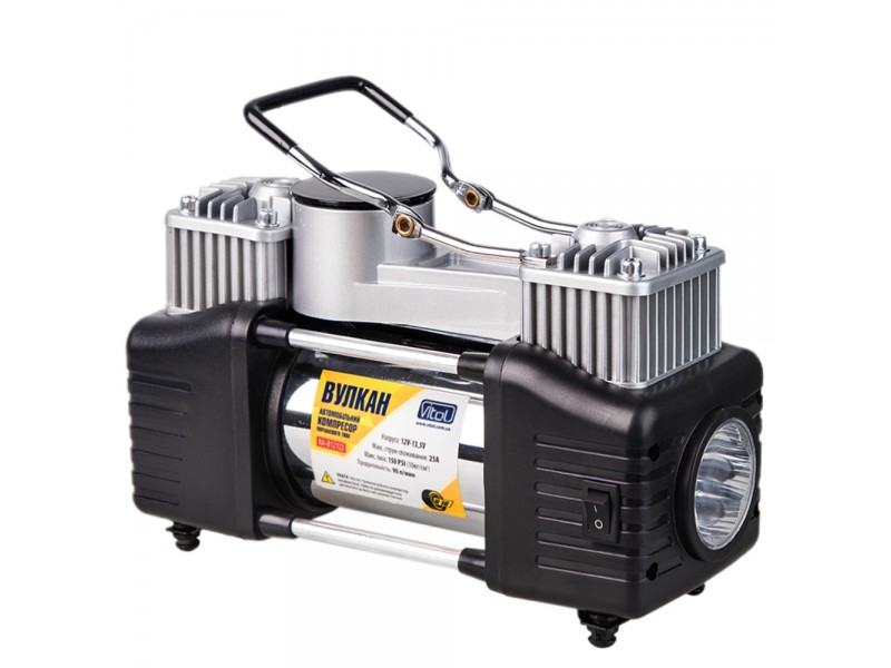 Компресор "Вулкан" КА-В12122 150psi / 25Amp / 90л / клеми / шланг7,5м з дефлятором / ліхтар / 2 циліндра Компресор "Вулкан" КА-В12122 150psi / 25Amp / 90л / клеми / шланг7,5м з дефлятором / ліхтар / 2 циліндра