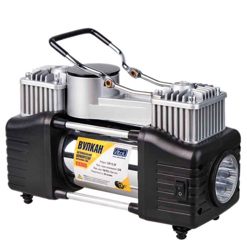 Компресор "Вулкан" КА-В12122 150psi / 25Amp / 90л / клеми / шланг7,5м з дефлятором / ліхтар / 2 циліндра Компресор "Вулкан" КА-В12122 150psi / 25Amp / 90л / клеми / шланг7,5м з дефлятором / ліхтар / 2 циліндра
