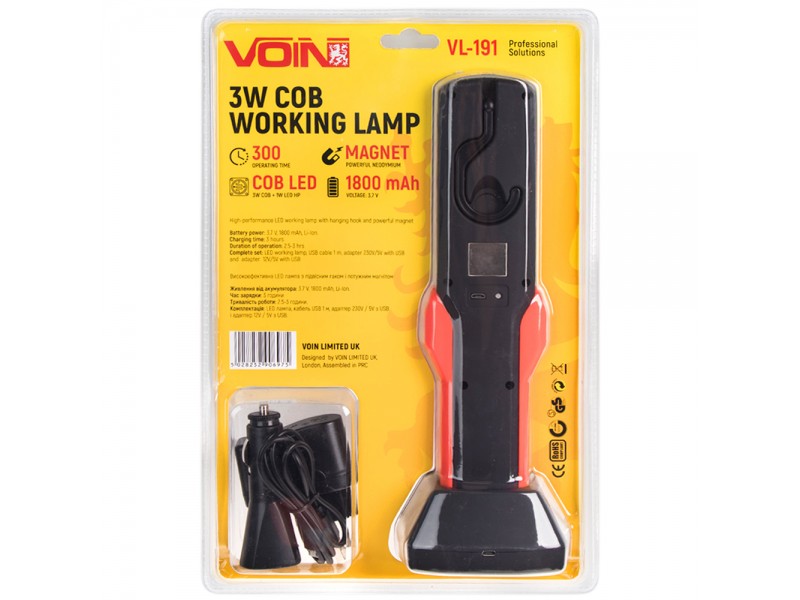 Переносная лампа "VOIN" VL-191 12V/220V/3W-COB+2 LED-НР/АКБ/USB+microUSB/магнит/база (VL-191)