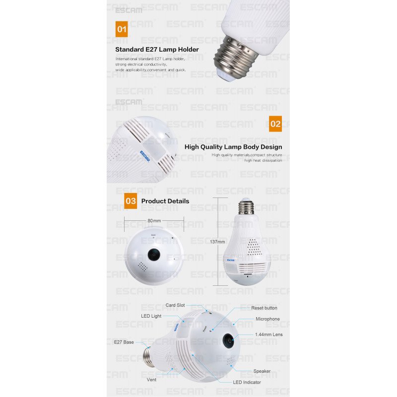 WiFi IP камера ESCAM QP136 960P HD LED Light Bulb